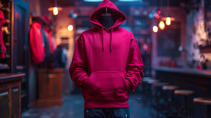 Bold Studio Display of Red Hoodie on Mannequin with Dramatic Lighting