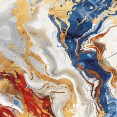 Obraz premium Abstract swirling patterns in blue, gold, red, and white create a vibrant artistic composition.