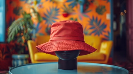 Bright Red Carhartt 101223 Bucket Hat on Vintage Mannequin in Retro Studio