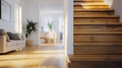 Fototapeta premium A cozy interior featuring wooden stairs and a bright living space.