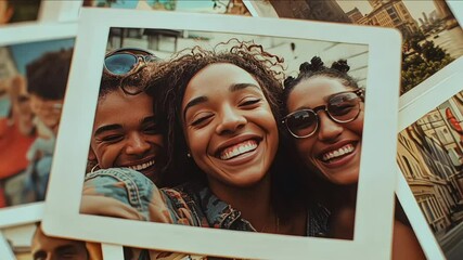 A collage of polaroid snapshots capturing spontaneous moments of joy shared among friends. Concept of nostalgia and reminiscence