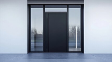 Obraz premium A modern entrance featuring a sleek black door and large glass panels.