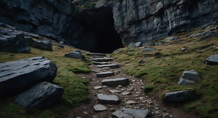 Obraz premium A rugged path of stones leading to a dark cave entrance, marked by faint footprints on soft ground, implying a primitive journey or exploration.