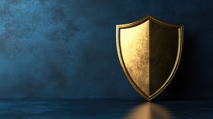 Golden shield on a dark background, symbolizing protection and security.