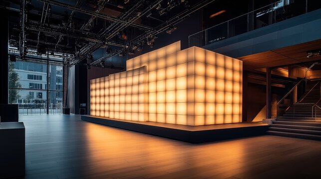 Modern interior with illuminated modular cube structure in a spacious hall featuring high ceilings and large windows.