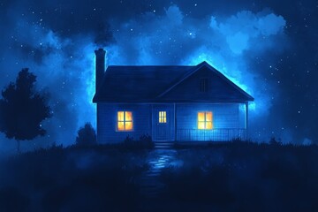 A Cozy House Under a Starry Night Sky