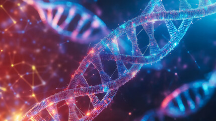 Visual representation of DNA helix illuminated by blue and pink lights showcasing intricate structure and scientific significance in biotechnology