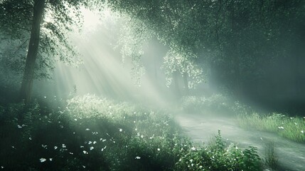Sunbeams Illuminating a Misty Forest Path