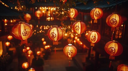 Traditional Red Chinese Lanterns for Lunar New Year Celebrations at Night