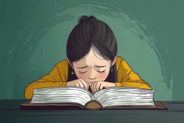 Thoughtful moment of a young girl reading a book with a sad expression