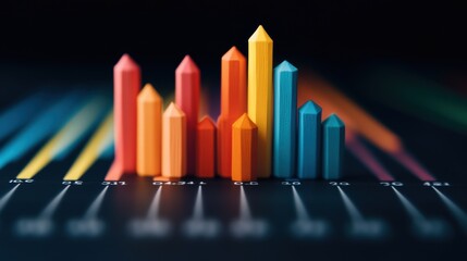 Obraz premium Close-up of colorful bar graph made from wooden blocks on dark background
