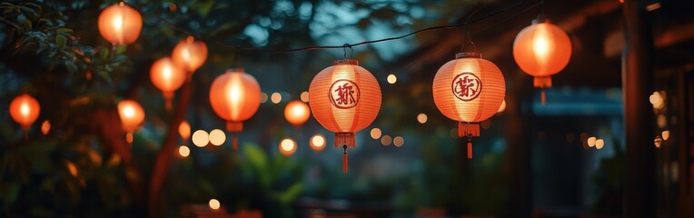 Obraz premium Traditional Red Chinese Lanterns for Lunar New Year Celebrations at Night