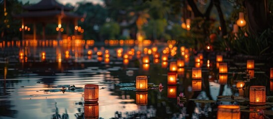 Obraz premium Floating lanterns casting a warm glowing reflection on the still waters of a river at dusk creating a serene and tranquil atmosphere in an outdoor festival setting The soft