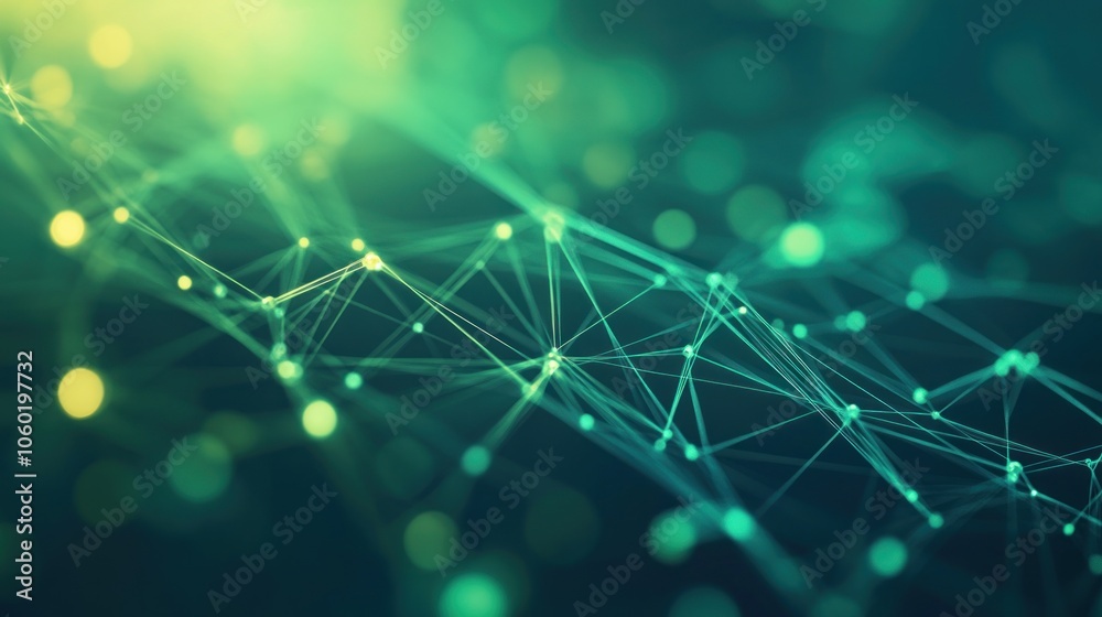 Poster abstract digital network with glowing nodes and lines, representing connectivity and data flow.