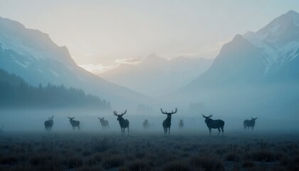 Naklejka premium A herd of moose silhouettes in a misty valley at dawn with mountains in the background 