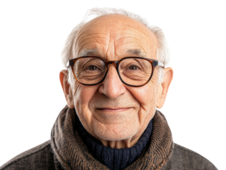 Elderly man smiling, wearing glasses, white isolated background.