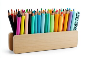 Obraz premium A vibrant display of colored pencils arranged in a wooden holder, showcasing a variety of colors for artistic creativity.
