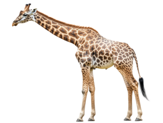 Giraffe standing elegantly on a white isolated background.