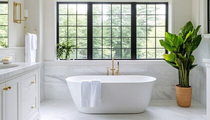 Fototapeta premium A modern bathroom featuring a freestanding tub, large windows, plants, and elegant fixtures, creating a serene and stylish atmosphere.