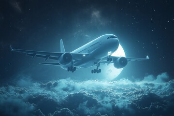 Naklejka premium Airplane Flying Through the Night Sky with Moon