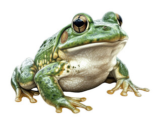 Obraz premium Realistic green frog sitting, detailed features, white isolated background.