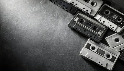 Cassette tapes are lined up on the floor black and white top view