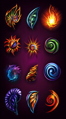 Obraz premium A set of twelve fantasy elemental icons, including fire, water, earth, air and spirit elements.