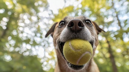 A lively border collie stands outdoors, its mouth happily clutching a bright green tennis ball. Lush trees surround, hinting at a beautiful day filled with play.