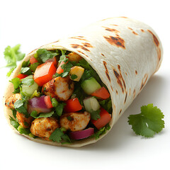 Delicious chicken wrap filled with fresh vegetables and herbs in a light tortilla on a clean white background