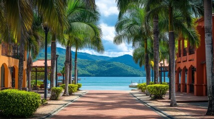 Fototapeta premium Serene View of Tropical Waterfront Pathway