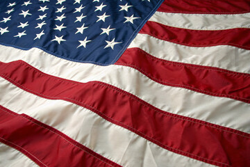 Obraz premium Detailed image of the American flag waving gracefully in sunlight, showcasing stars and stripes. Represents patriotism, national pride, and American culture.