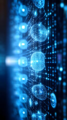 Obraz premium Abstract digital background with glowing blue spheres connected by lines.