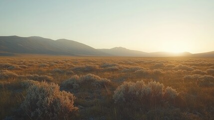 A panoramic view of a vast, golden field at sunset, with distant mountains silhouetted against the horizon.