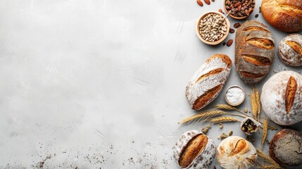 Obraz premium Variety of freshly baked homemade breads displayed with empty space for text.