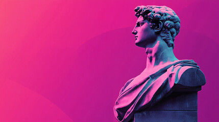 Gypsum copy of the ancient statue in pastel tone for artists on pink blue background. Plaster sculpture of a face. Art modern poster in soft colors. Love, beauty