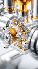Close-up of a Complex Mechanical Device with Gold and Silver Components.