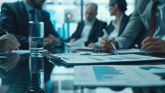 Group of business people meeting and discussing financial charts, graphs, and documents on the table in an office.