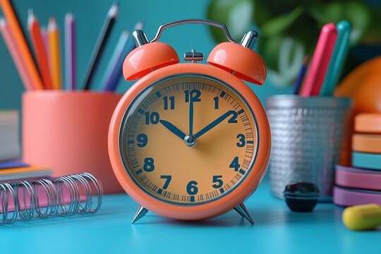 Orange Alarm Clock on Desk with School Supplies - Time Management