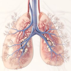 Close up view of a meticulously rendered diagram of the lungs, highlighting the network of blood vessels that facilitate oxygen exchange within the body.