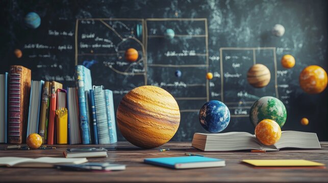 Astronomy Classroom with Planets and Books
