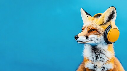 Obraz premium A fashionable fox showcasing its trendy side by donning a pair of wireless headphones, posing against a vibrant blue background that highlights the foxs chic ensemble