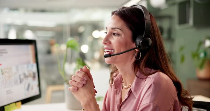 Computer, conversation and support with woman in customer service office for advice or consulting. Communication, feedback and headset with happy call center employee in workplace for telemarketing