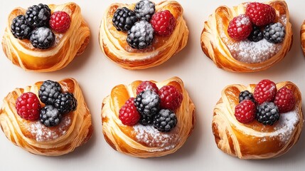 Assortment of croissants with fresh raspberries and blackberries on top, dusted with powdered sugar, arranged in a neat pattern on a light background.