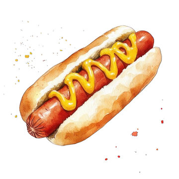 recommend clip art: Collection of PNG. Watercolor painting of A Hotdog with Yellow Mustard, isolated on a transparency background.