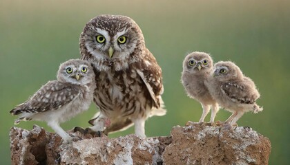 Adult birds and little owl chicks Athene noctua are photographed at close range closeup