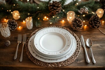 winter table decor, chic winter table decor featuring white porcelain plates, silver cutlery, pine cones, and twinkling fairy lights on a wooden table