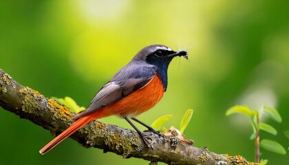 Naklejka premium A male redstart bird perched on a branch with a fly