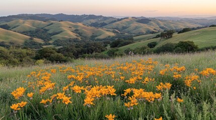 A field of yellow wildflowers blooms in the foreground of a rolling green hillside at sunset.
