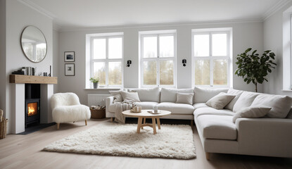 Fototapeta premium A cozy Scandinavian living room with a white sofa, a sheepskin rug and natural light streaming through large windows, contrasty, vibrant