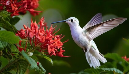 Naklejka premium A plumeleteer hummingbird hovers by the flowers